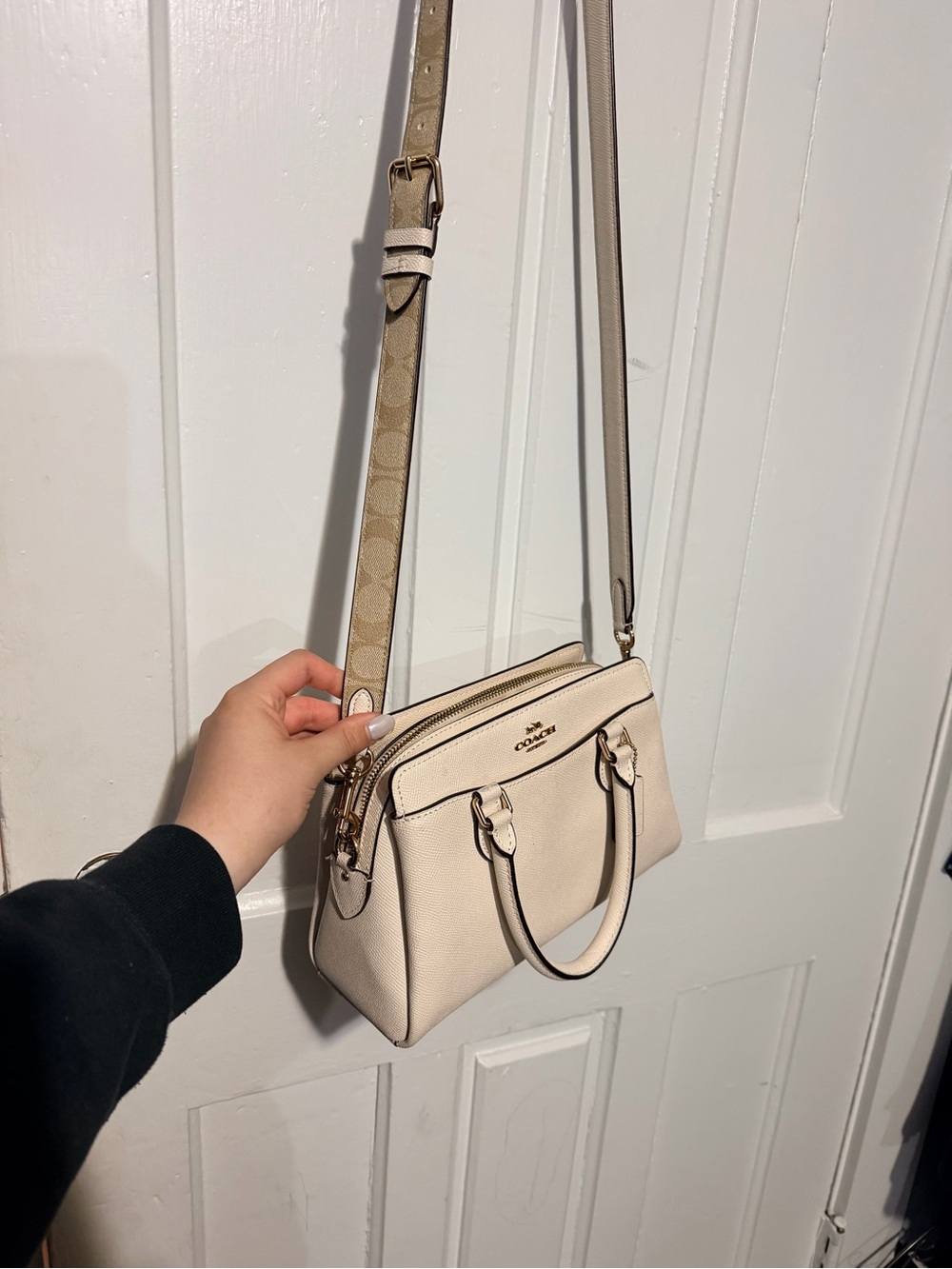 Coach Cream Pebbled Leather Crossbody Satchel with Signature Strap